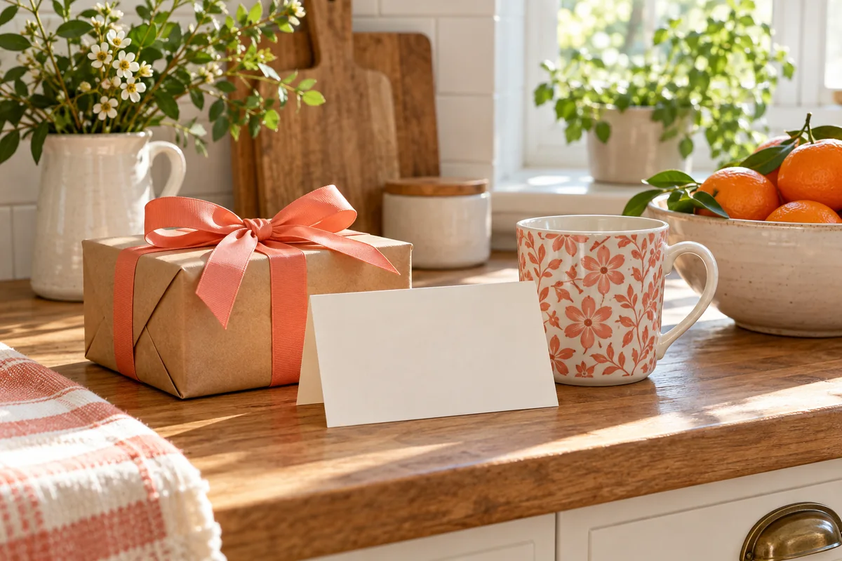A blank card and a wrapped parcel beside a mug on a kitchen counter.