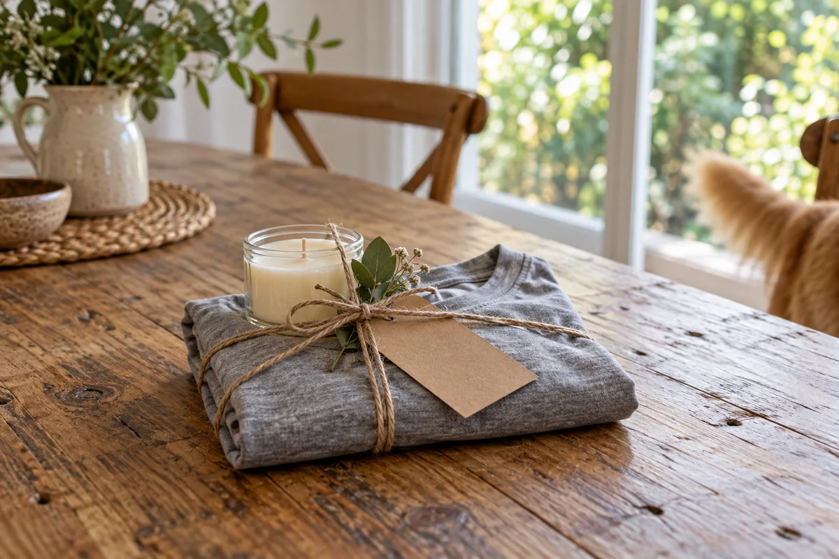A wrapped bundle of a folded tee, a candle and a small card tied with twine on a rustic table.