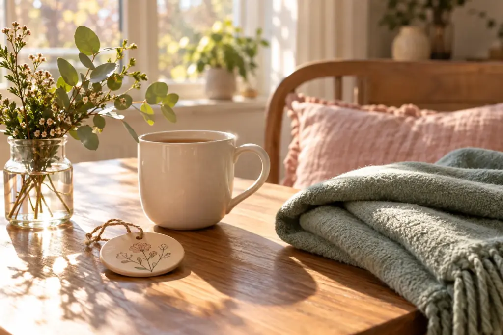 A mug, a folded blanket and a small ornament arranged on a sunlit wooden table with soft greenery.