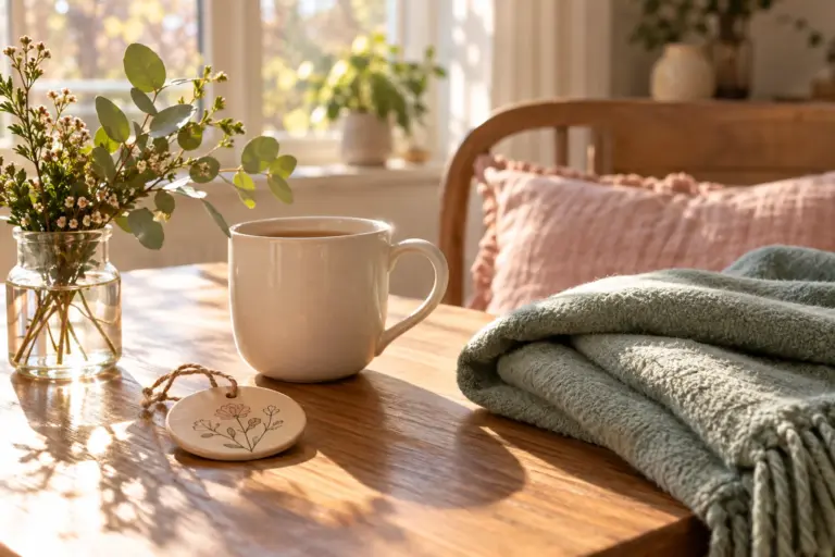 A mug, a folded blanket and a small ornament arranged on a sunlit wooden table with soft greenery.