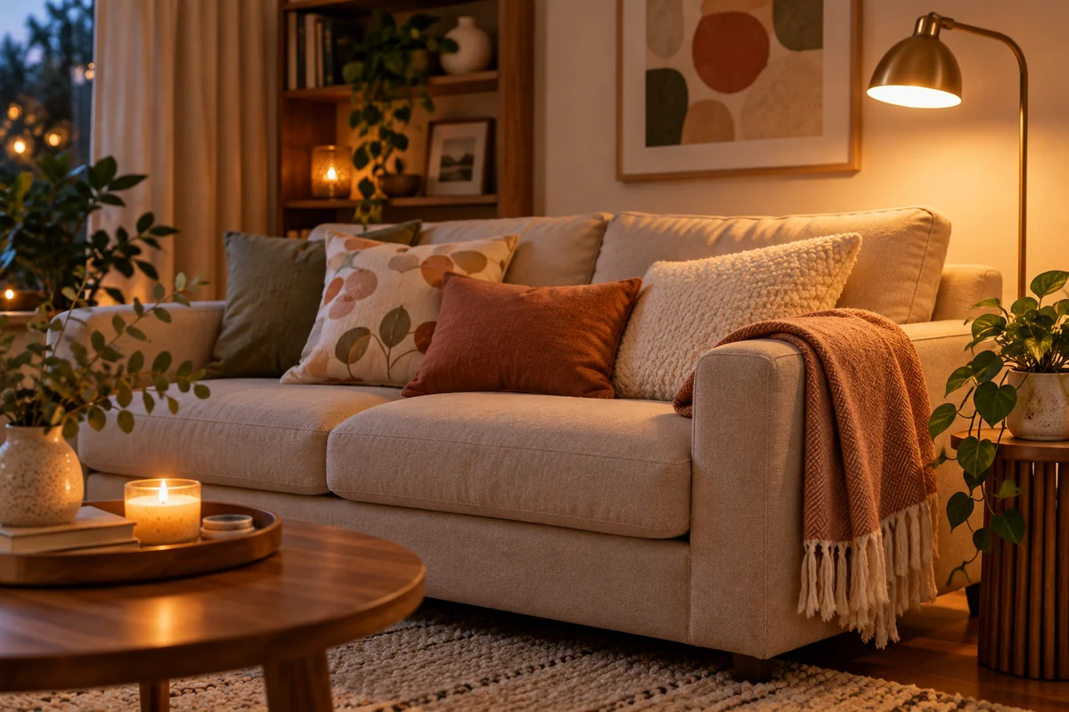 A sofa with a mid-sized throw folded over the arm and a reading lamp beside it