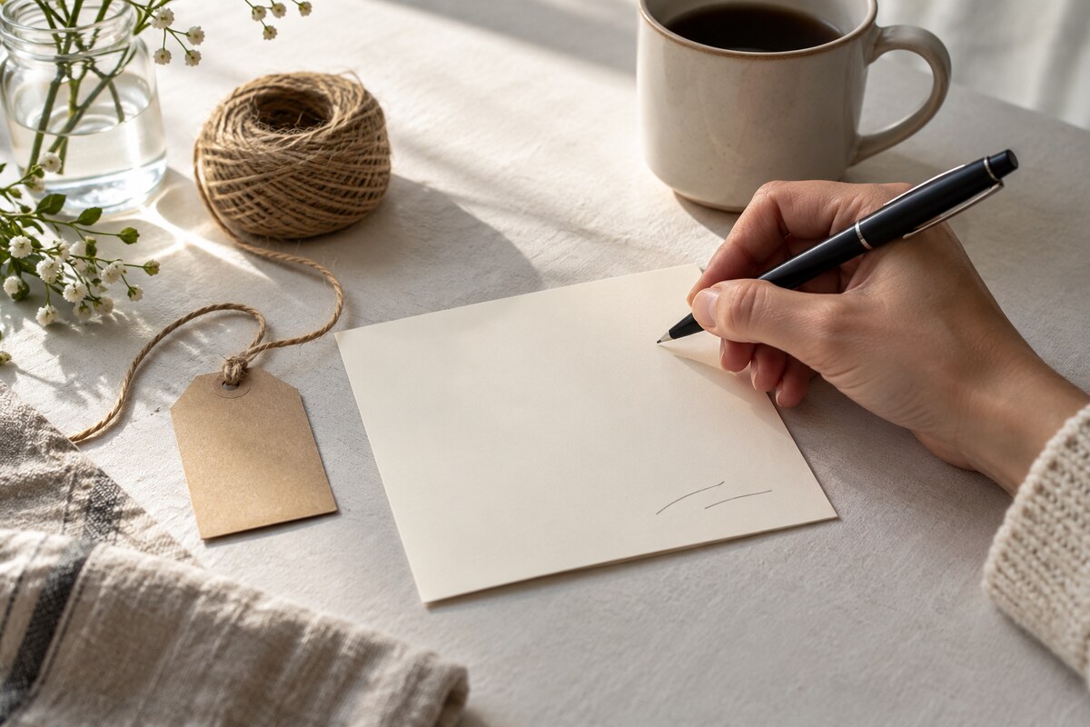 A hand holding a pen above a blank card beside a gift tag and a mug