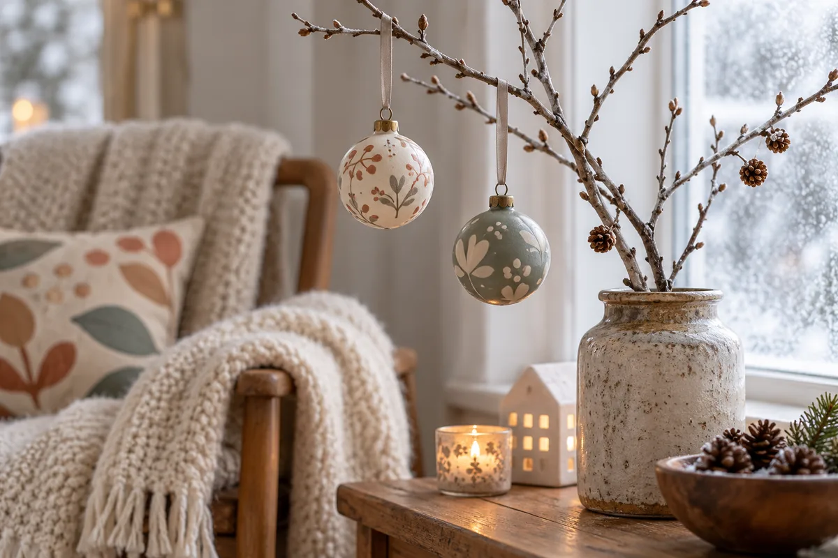 A small tree branch with two hanging ornaments by a window