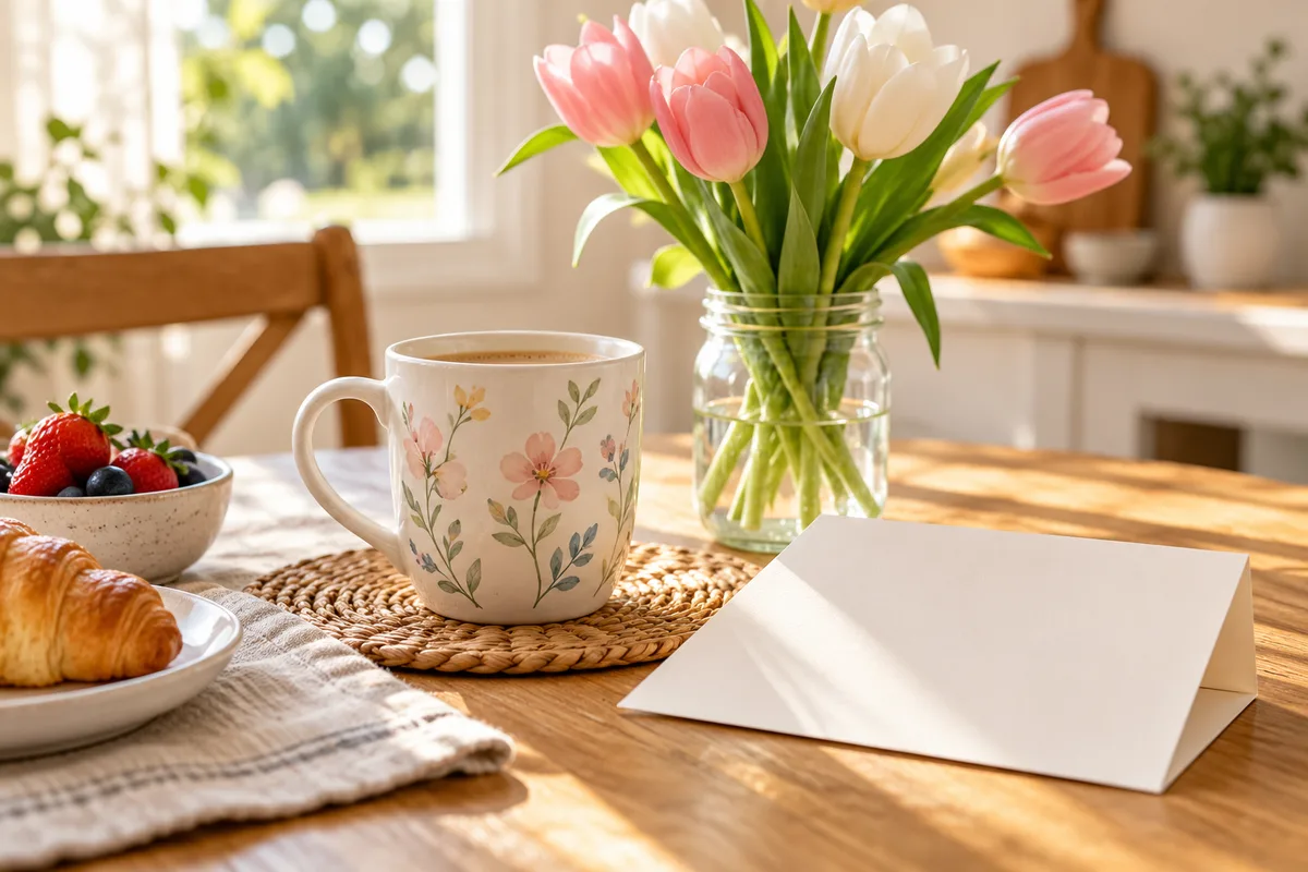 A mug with floral print and a small bouquet on a breakfast table