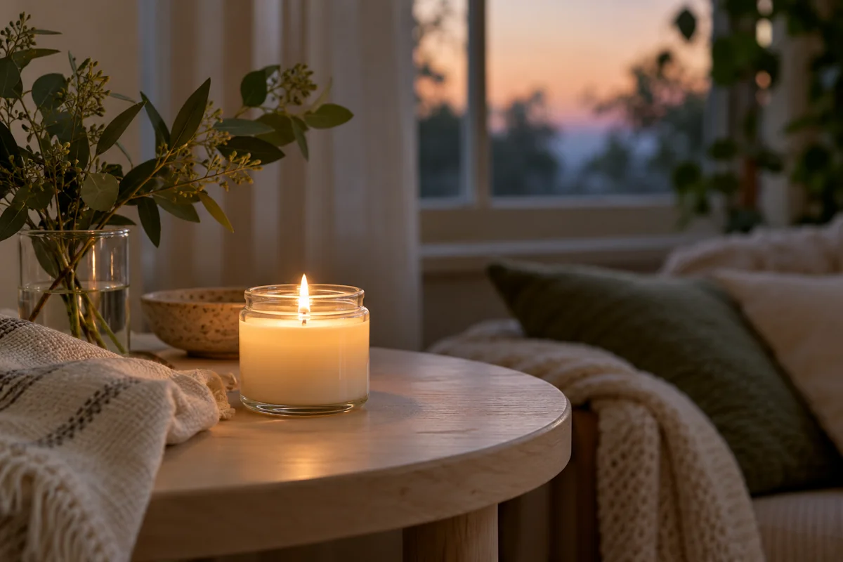A small candle in a jar and a folded cloth on a table at dusk.