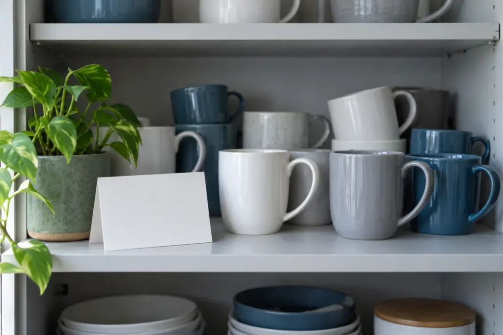A cupboard shelf crowded with plain mugs beside one small plant and a folded card.
