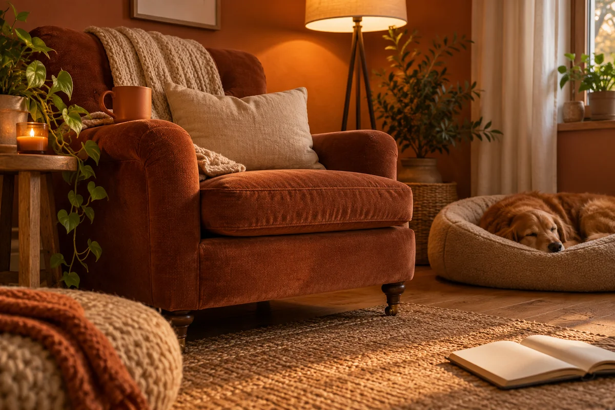 A cozy reading chair with a plain mug on the arm, a throw blanket and a small dog bed beside it.