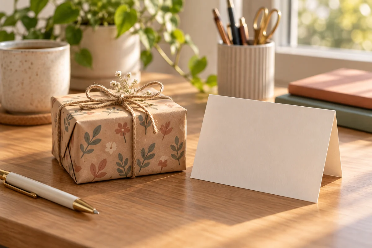 A wrapped gift box beside a blank card on an office desk