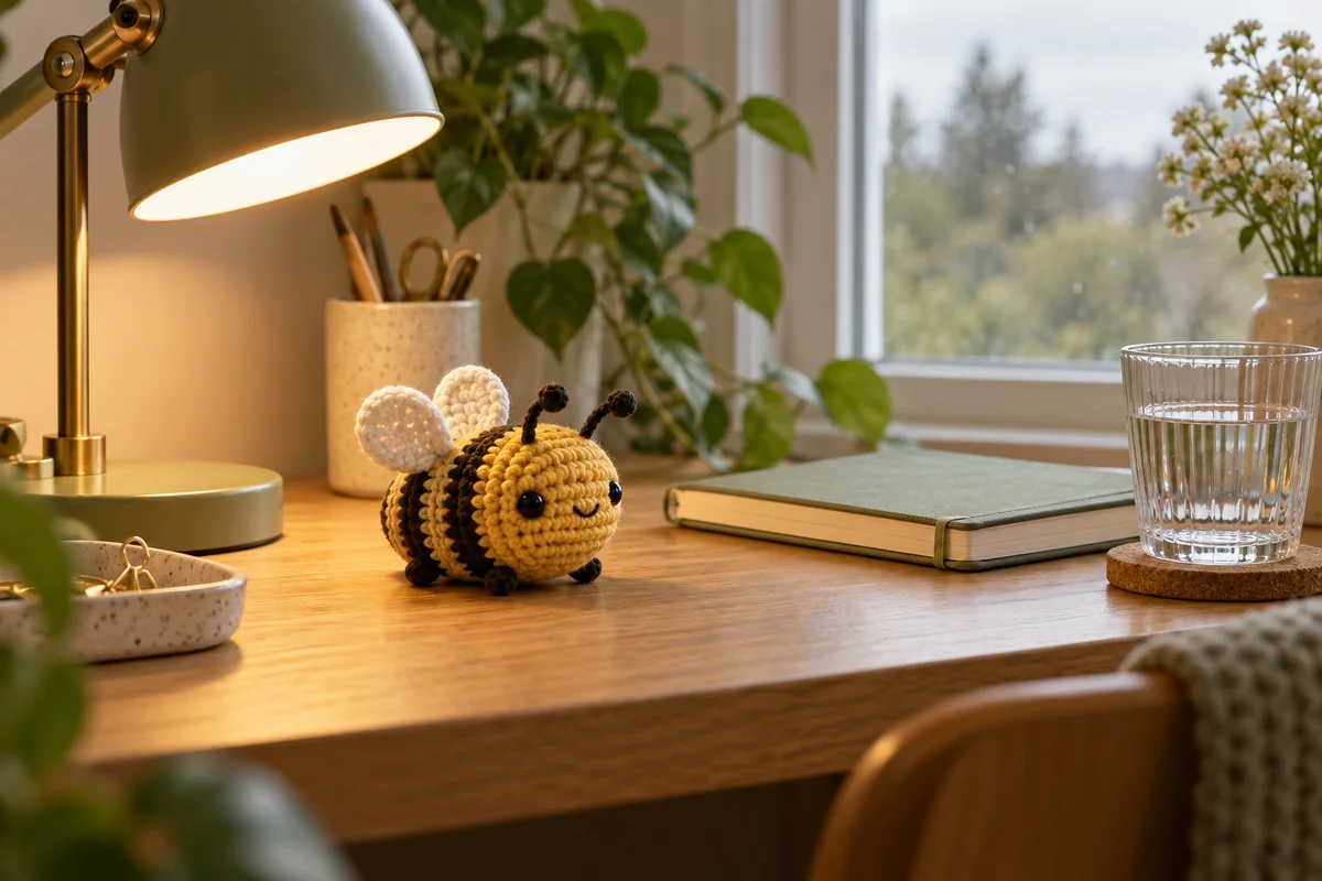 A small crochet bee sitting on a desk beside a lamp and a notebook.