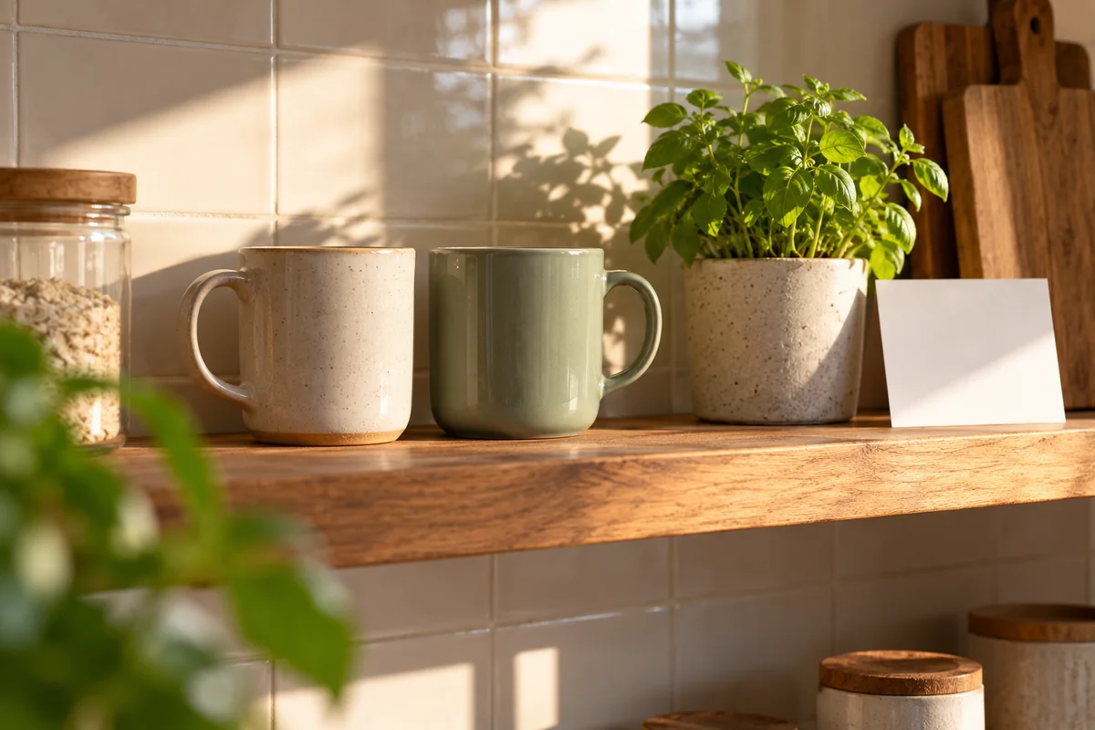 Two plain mugs on a kitchen shelf next to a small potted herb and a scrap of paper.