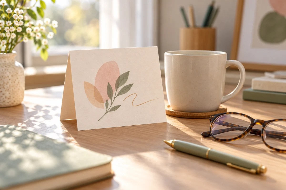 A blank card propped against a mug on a quiet morning desk