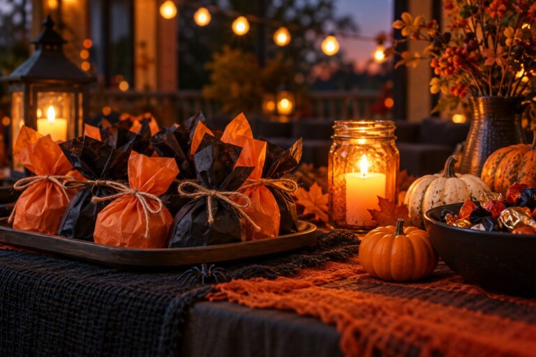 A table set for a Halloween party with small wrapped favors, candles and pumpkins.