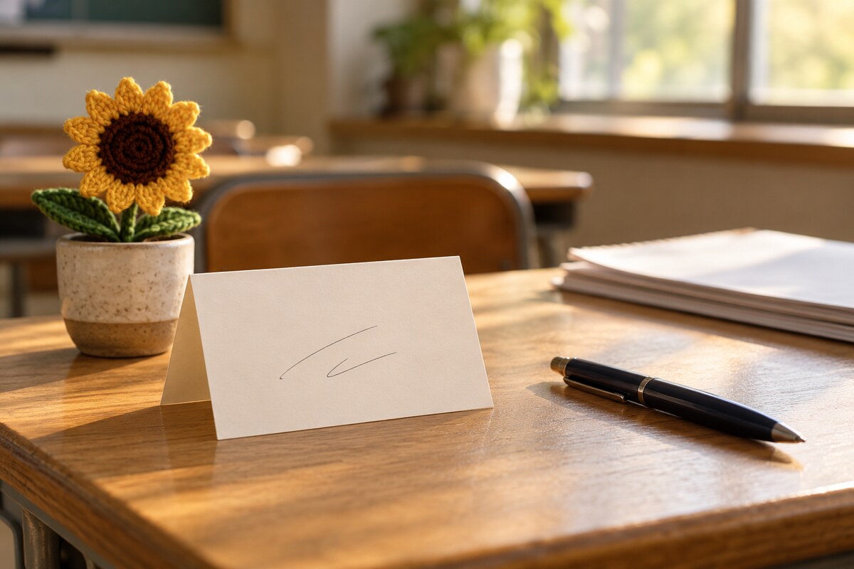 A blank note card with a pen and a small potted crochet sunflower on a desk
