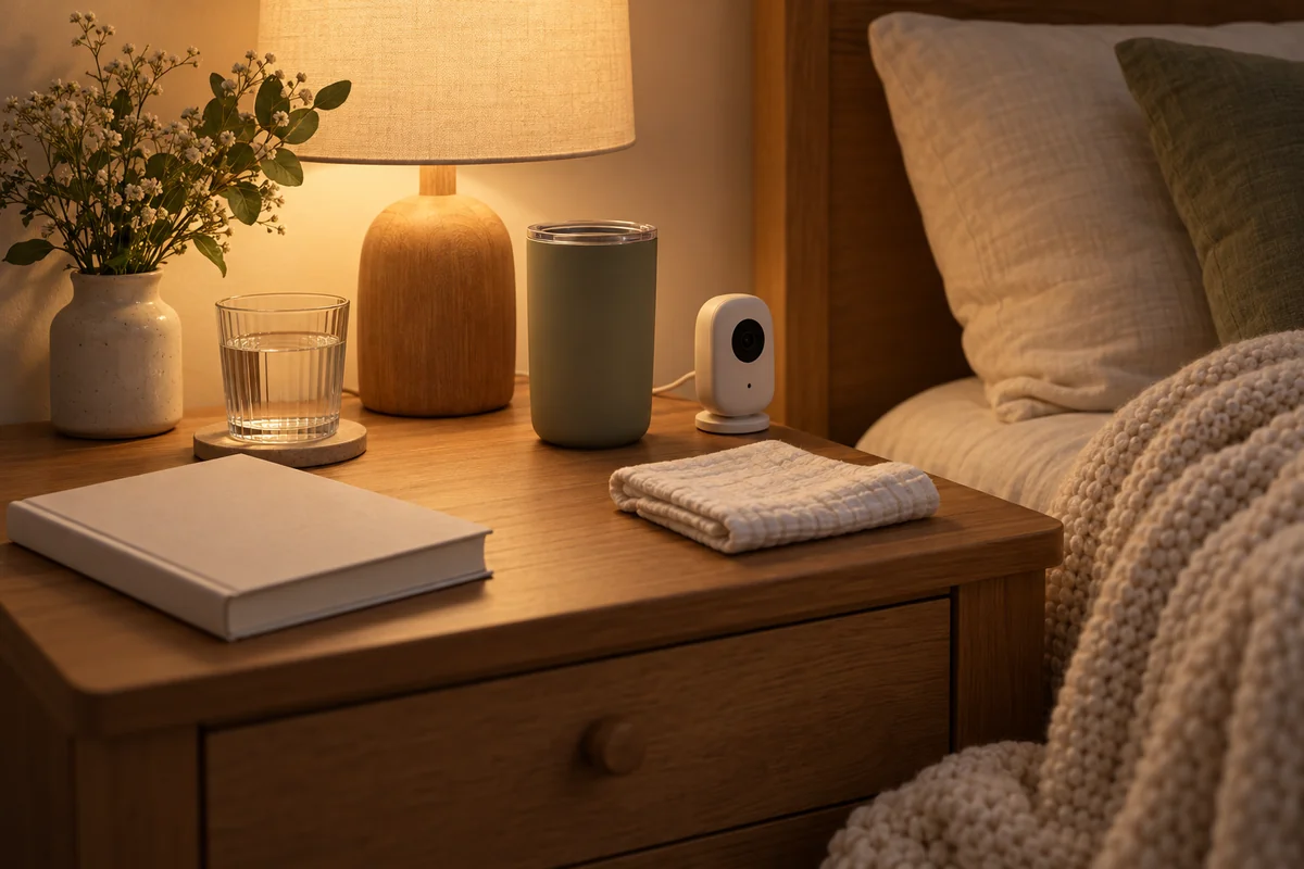 A tumbler on a bedside table next to a baby monitor and a small lamp.