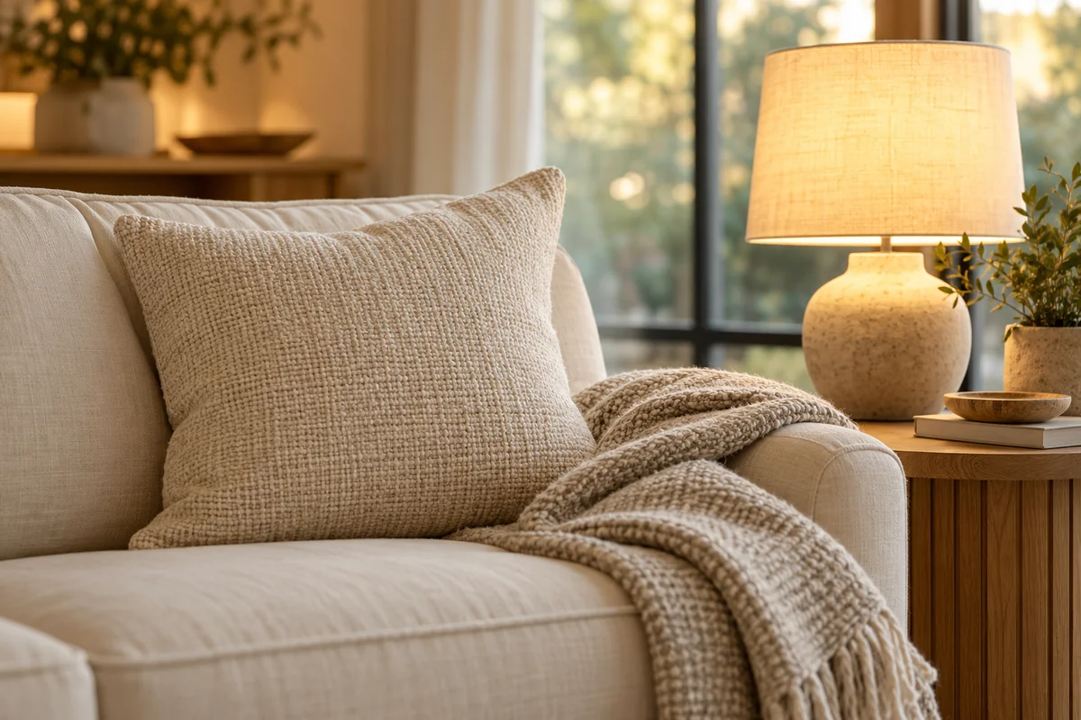 A throw pillow on a sofa corner beside a folded blanket and a small table lamp.