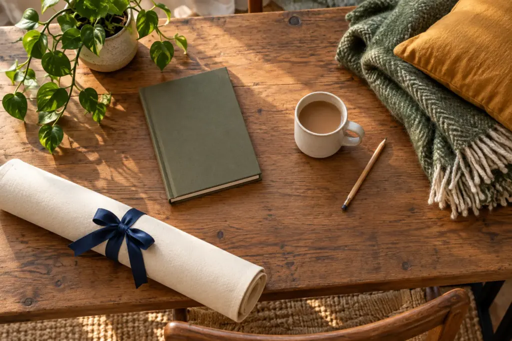 A calendar-style flat lay of school-year gifts with a mug, a throw and a small plant on a desk