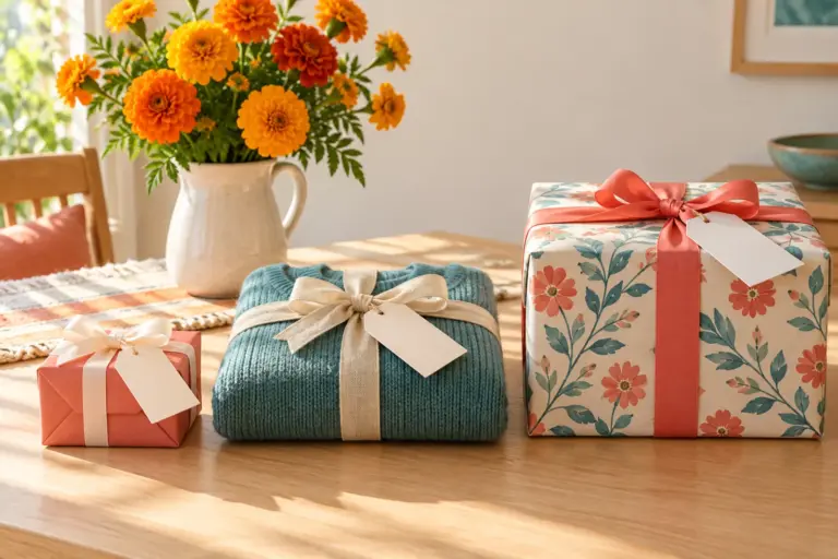 Three birthday gifts of different sizes lined up on a pale table with a bunch of flowers.