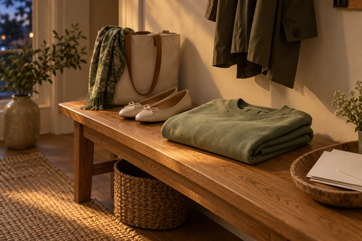 A folded sweatshirt on a hallway bench beside a pair of tidy shoes.