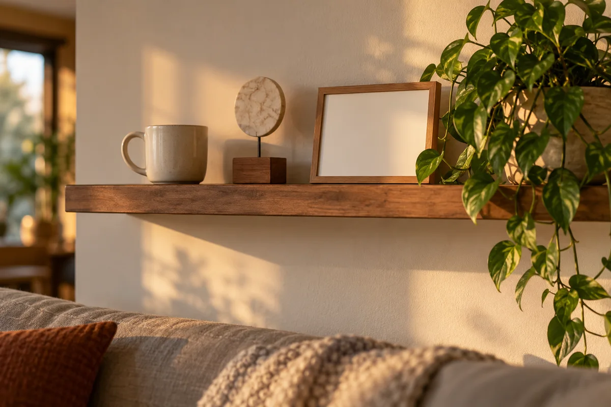 A shelf with a few small objects, a mug and a framed blank card in warm light.
