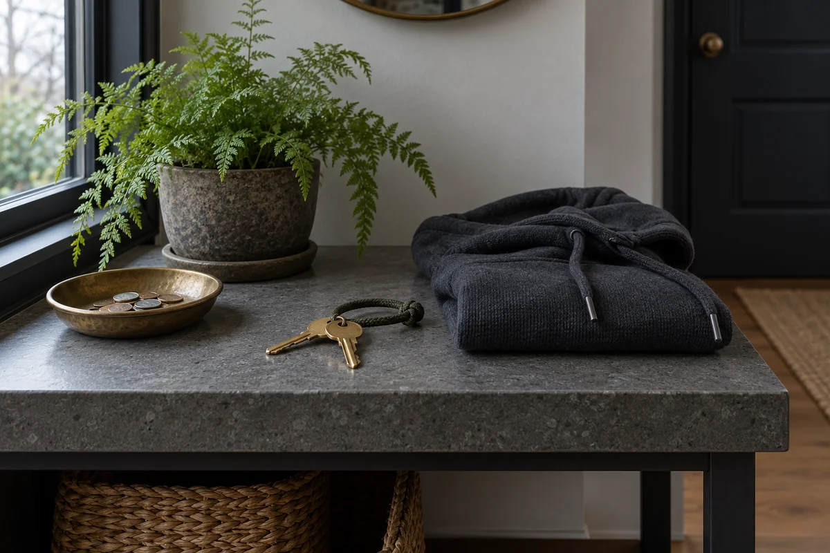 Two plain keys, a folded hoodie and a small fern on a stone entryway shelf.