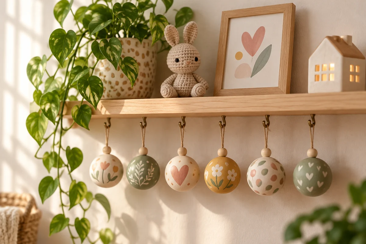 A shelf with a row of small ornaments, a crocheted toy and a framed card