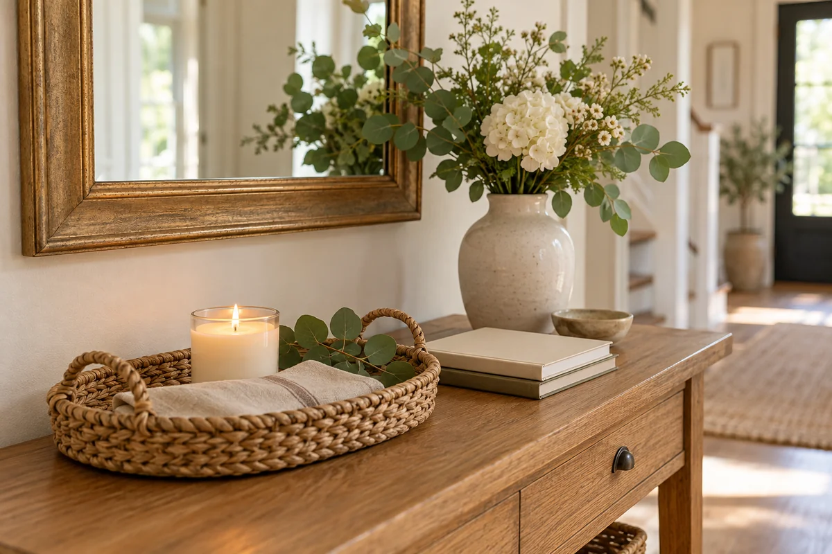 A small welcome basket-style arrangement on a hall table with a candle and a folded cloth.