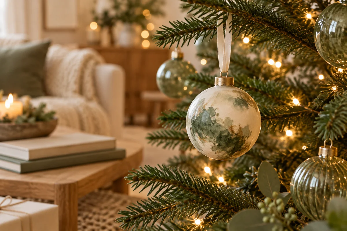 A small family ornament hanging on a decorated tree branch beside warm string lights.