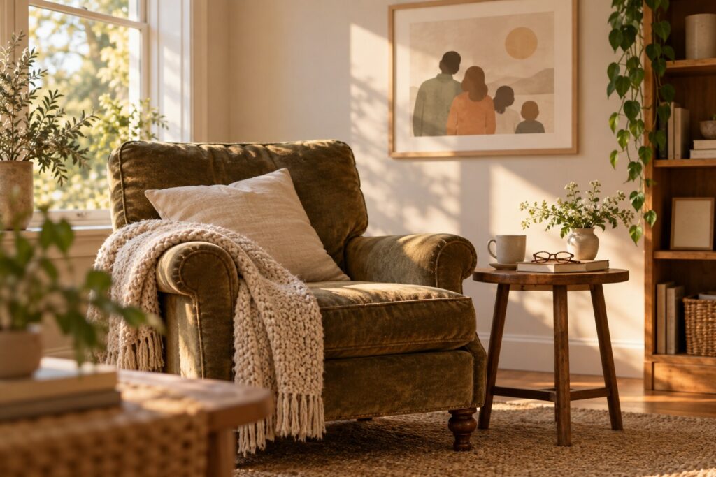 An olive armchair with a knit throw, a side table with a mug and glasses, and a family print on the wall.