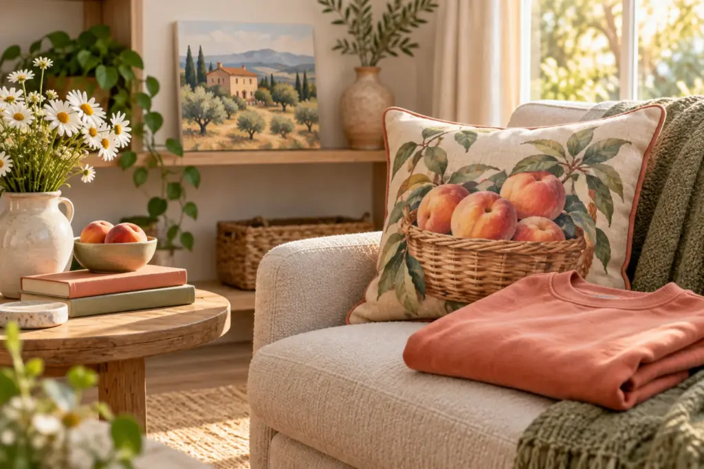 A cushion, a canvas print and a folded sweatshirt arranged in a bright sitting room.