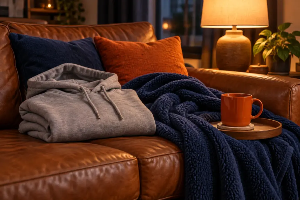 A hoodie, a blanket and a mug arranged on a sofa with warm lamplight.