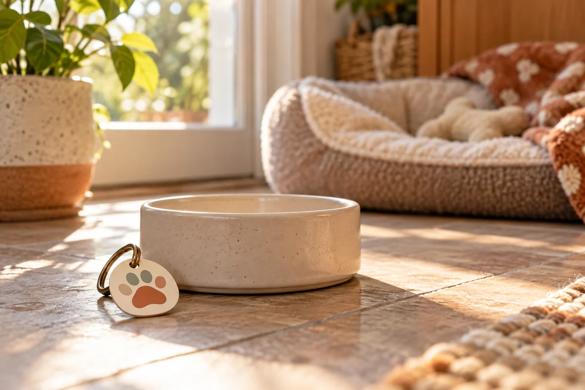 A dog collar tag and a small bowl beside a window