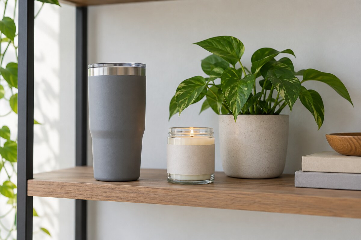 A matte insulated tumbler and a candle on a shelf next to a small potted plant