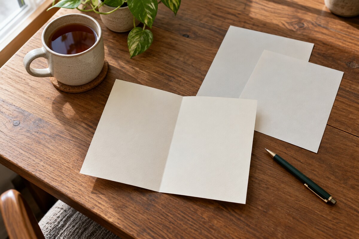 An open card, a pen and loose sheets of notepaper on a desk