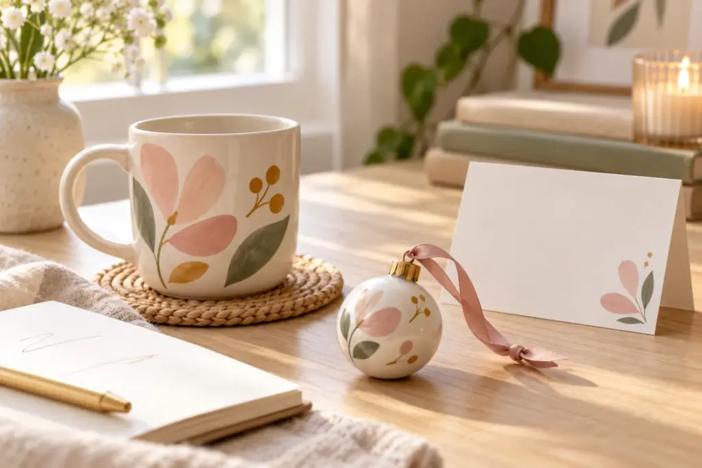 A mug, a small ornament and a folded card arranged on a table