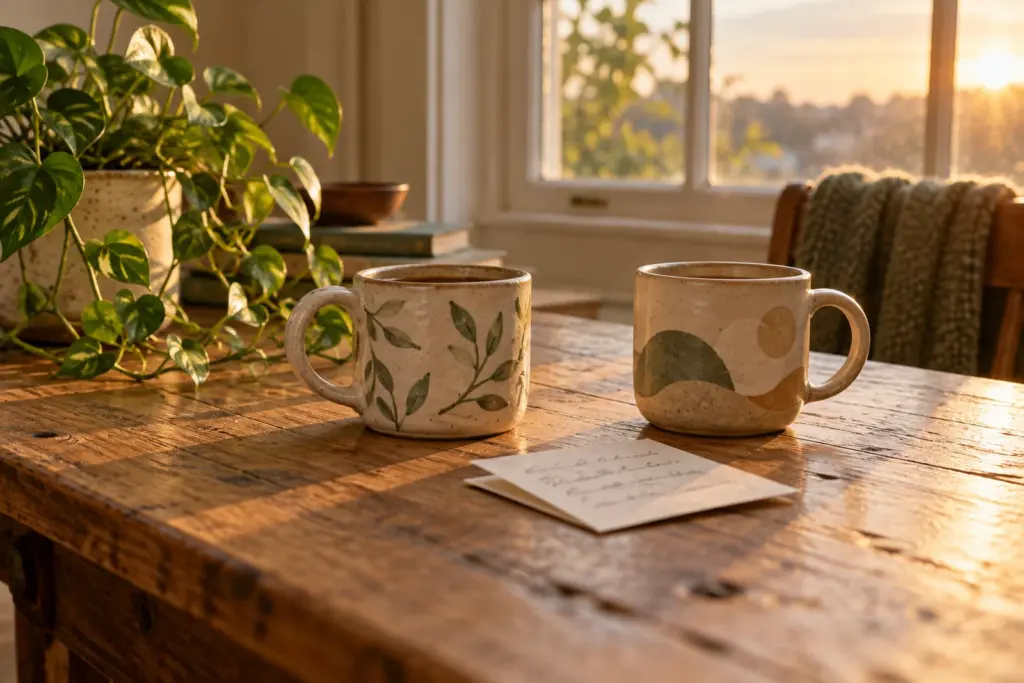 Two mismatched mugs and a folded handwritten note on a worn table in soft window light.