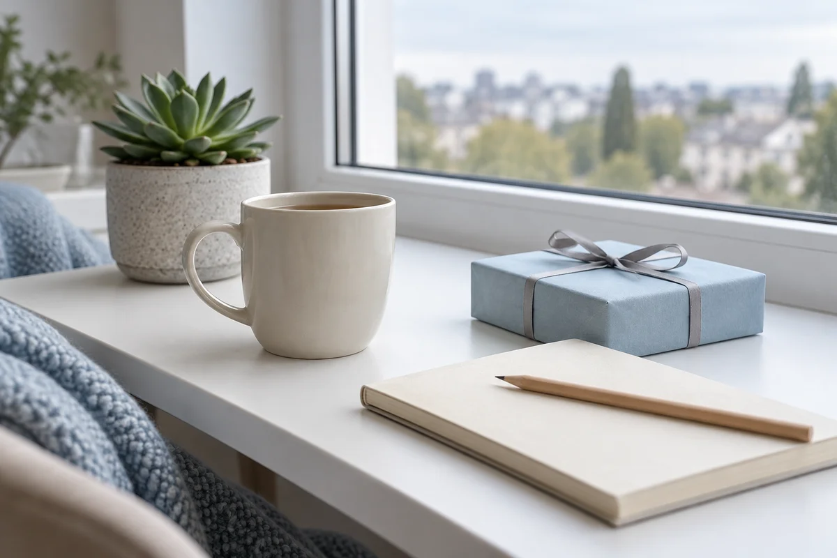 A tidy desk with a plain mug, a small wrapped gift and a pencil on an unmarked notebook.