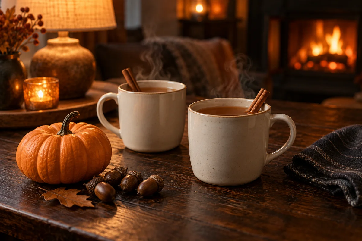 Two plain mugs of cider with cinnamon sticks beside a small pumpkin on a dark table.