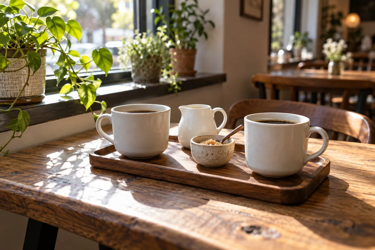 Two matching cups on a small tray with a pitcher of milk and a sugar bowl.