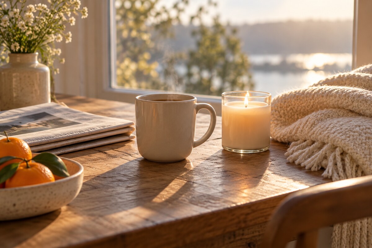 A mug, a candle and a folded blanket on a sunny breakfast table