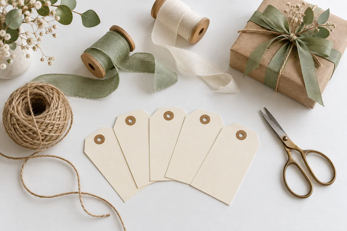 A neat flat lay of blank cream tags, twine and sage ribbon spools beside a small gift.