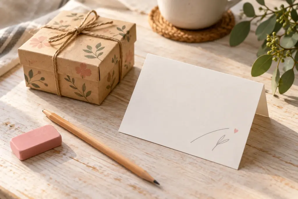 A pencil and an eraser beside a small gift box and a folded blank card on a table