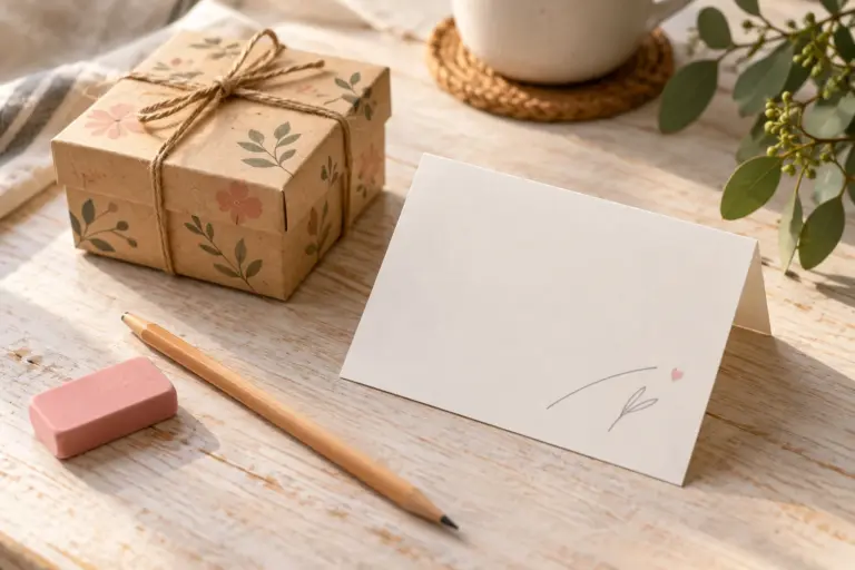 A pencil and an eraser beside a small gift box and a folded blank card on a table