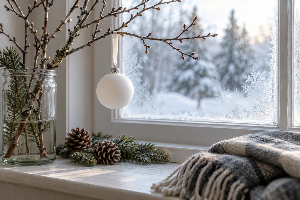 A plain round ornament hanging on a bare branch near a window with soft winter light.