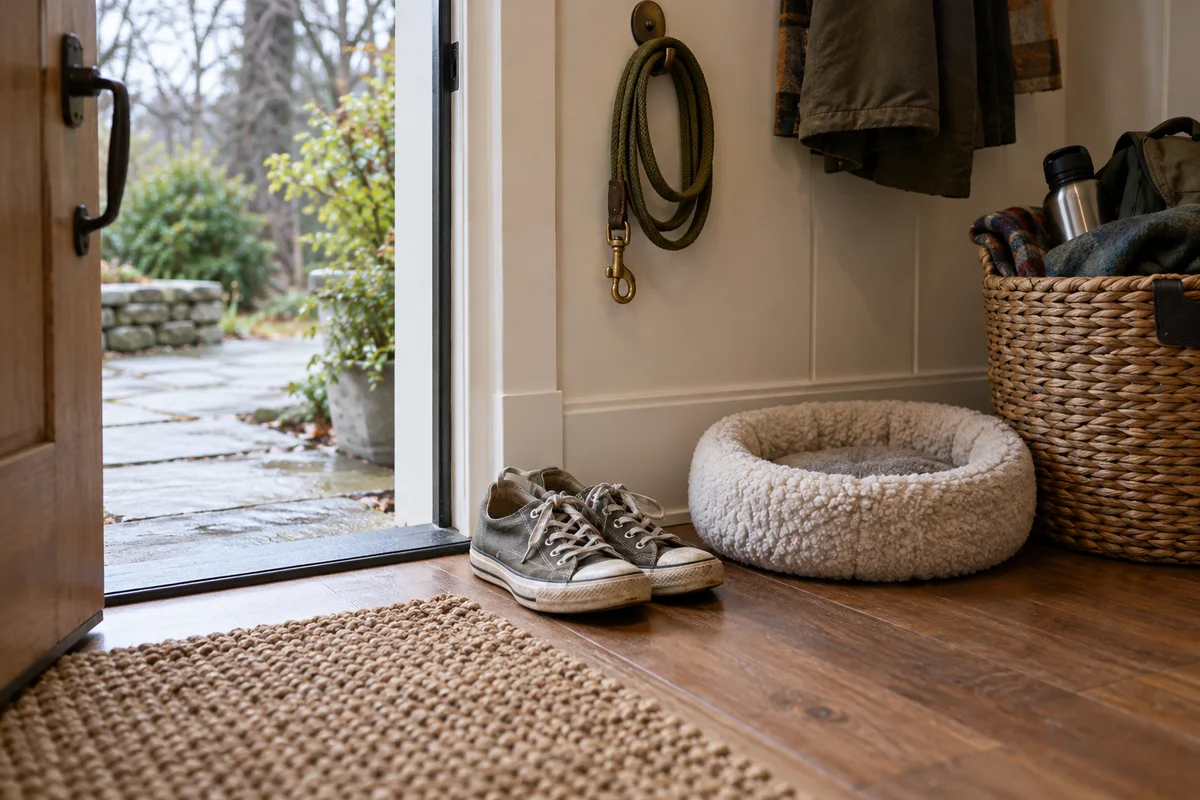 A pair of casual weekend shoes by a door next to a coiled leash and a small cat bed.