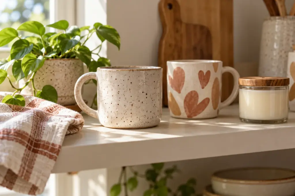 A ready-made candle and a plain mug next to a personalized mug on a kitchen shelf