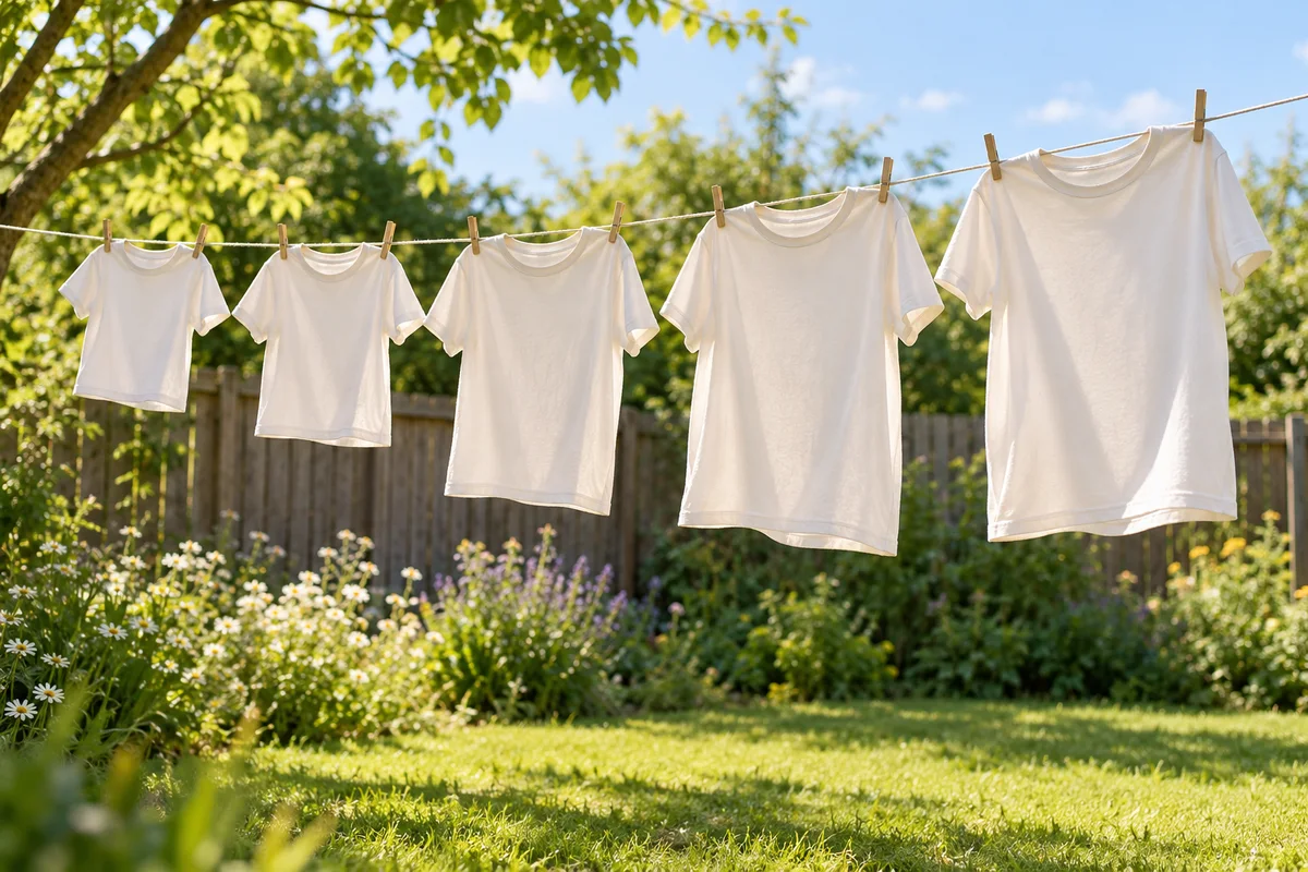 A row of matching family tees hung on a clothesline in a sunny garden.