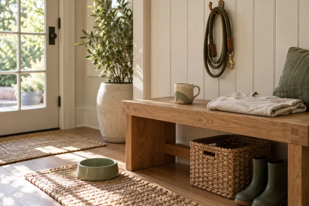 A leash on a hook, a mug and a folded tee on a bench by a front door with soft light.