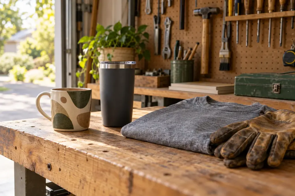 A plain mug, a matte tumbler and a folded tee on a workbench beside a pair of work gloves.
