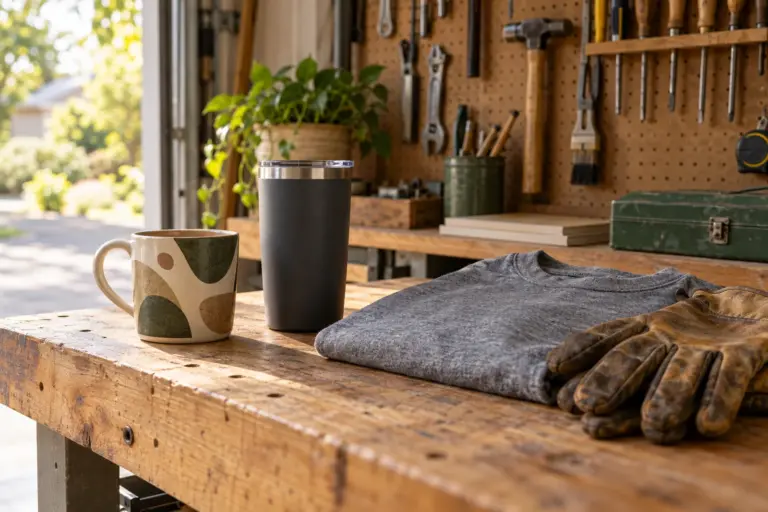 A plain mug, a matte tumbler and a folded tee on a workbench beside a pair of work gloves.