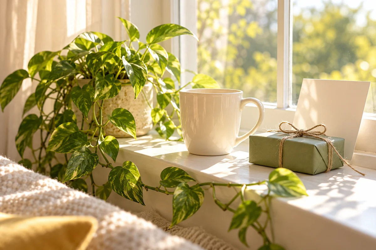 A plain mug and a small wrapped gift on a windowsill with a trailing plant.